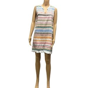 Chelsea & Theodore Sleeveless Pastel Striped Cotton Fringed Lined Shift Dress M